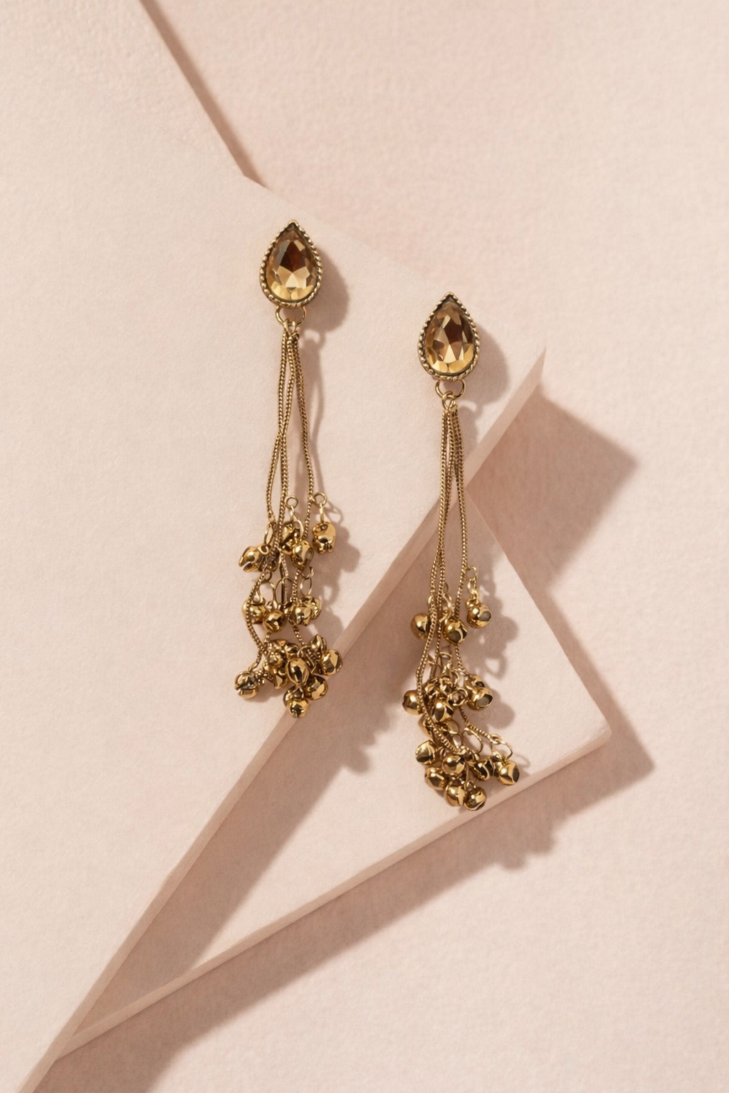 Haute Handles Premium Kashmiri Gold-Tone Drop Earrings with Teardrop Stone and Ghungroo Tassels